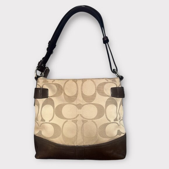 Coach Purse Khaki Sateen Signature Canvas Brown Leather Chain Bag F18862 Convert - Picture 4 of 9